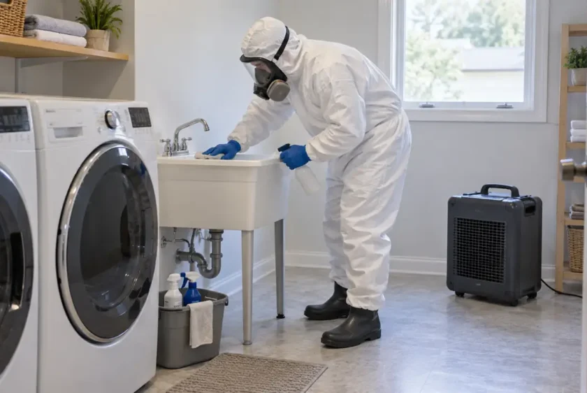PPE technician disinfecting a residential laundry room in Cary, Illinois