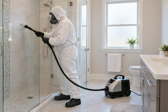 PPE technician disinfecting residential bathroom tile in Crystal Lake, Illinois