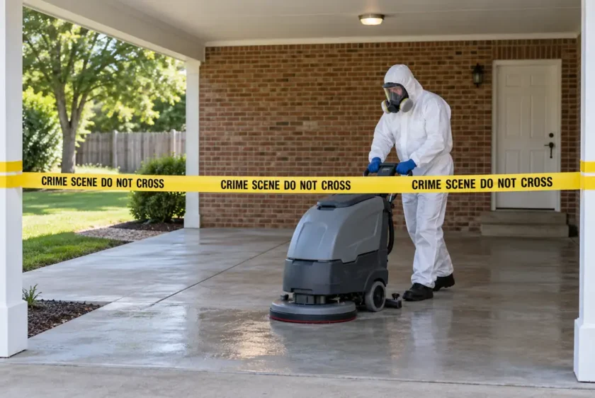 PPE technician performing residential crime scene cleanup beneath a Cary, Illinois carport