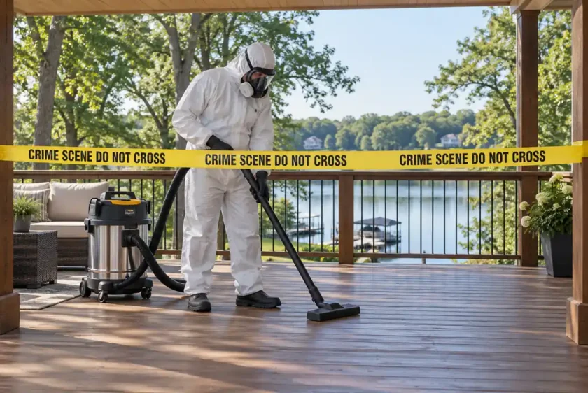 PPE technician performing crime scene cleanup on a Crystal Lake, Illinois home deck